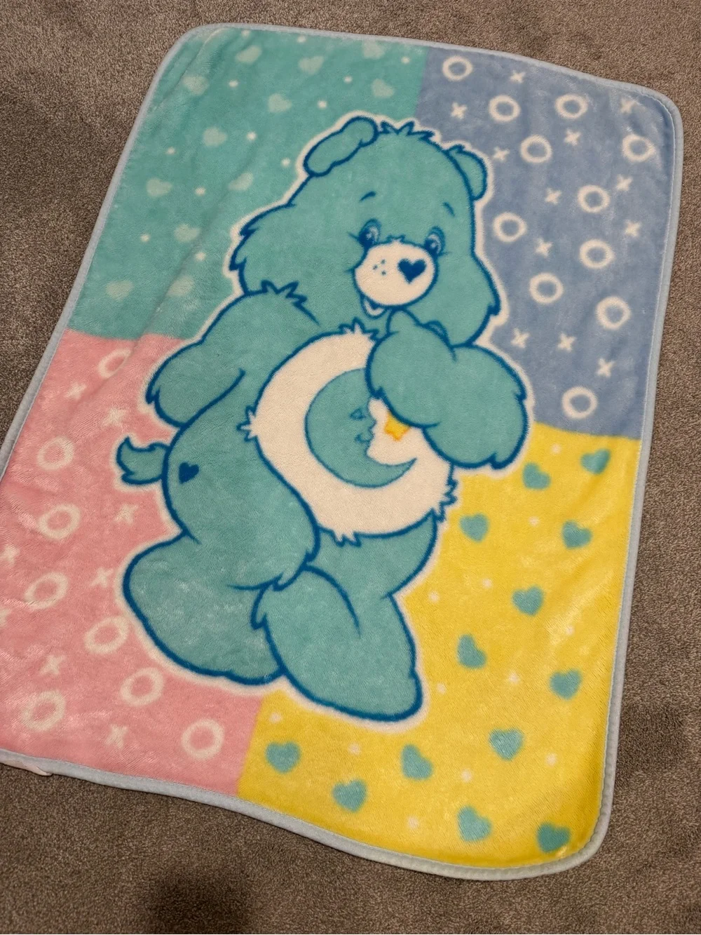🐻💙VTG Care Bears Bedtime Bear Pink Yellow & Blue Print Plush Baby Throw Blanket
